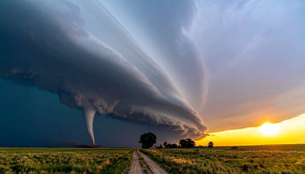 Tornado Funnel Under a Giant Supercell Thunderstorm at Sunset Over a Grassy Prairie Field with a Dirt Road