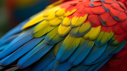 Fototapeta premium Vibrant Macaw Feathers Close Up Detailed Texture Background