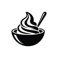 Black and white stylized drawing of soft serve ice cream in a bowl with a spoon