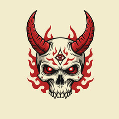 Demonic Skull with Red Horns and Fiery Eyes.