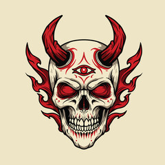 Demonic Skull with Third Eye and Fiery Horns.