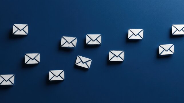 Multiple small paper envelopes scattered on a dark blue for communication