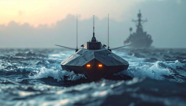 Cutting-Edge Naval Stealth: Unmanned Surface Vessel Navigating Rough Seas at Dawn