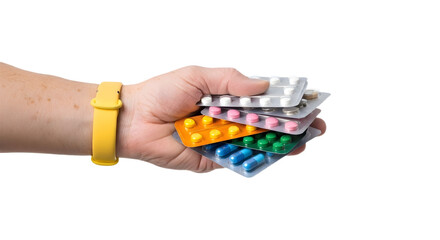 Hand holding a stack of various blister packed medications on transparent background
