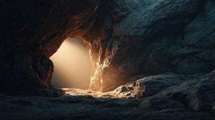 Mysterious Cave with Light Beam and Smoke