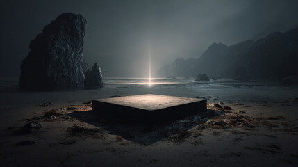 Mysterious Cave with Light Beam and Smoke