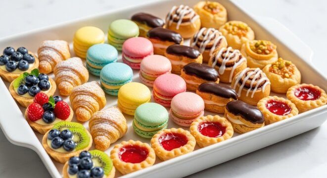 A white rectangular tray holds a colorful assortment of miniature pastries tarts, macarons, croissants, eclairs, and cinnamon rolls