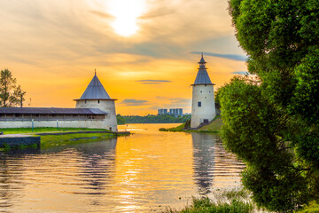 Obraz premium View of the towers of the Pskov Kremlin in the evening, Pskov, Russia