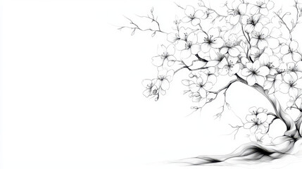 Beautiful black and white illustration of flowering tree, showcasing delicate blossoms and intricate branches, evokes sense of tranquility