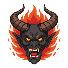 Fierce Demon Head with Fiery Horns and Glowing Yellow Eyes.