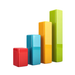 Vibrant 3D bar chart with red, blue, orange, and green columns indicating increasing data or growth, isolated on black. background removed