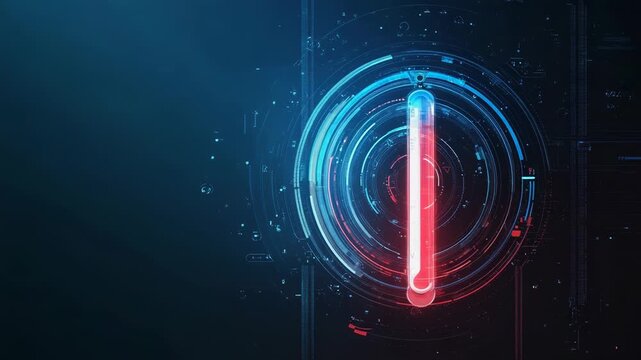 Futuristic digital thermometer showing high temperature data