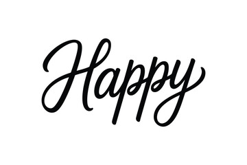 Elegant handwritten script word happy in black ink