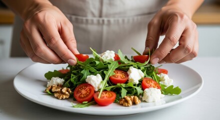 Chef arranging fresh arugula and cherry tomato salad with walnuts and cheese