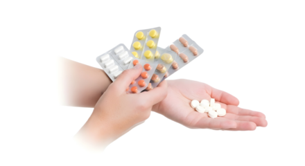 Hands holding blister packs and loose white pills isolated on transparent background