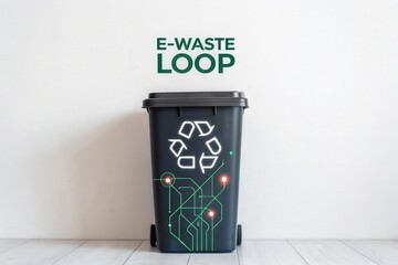 Recycling bin with glowing circuit illustration showing e-waste concept