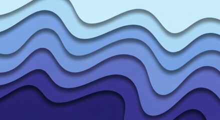 Fototapeta premium Gradient blues flow in multiple wavy, layered patterns, creating a serene, shadowed, paper-cut style abstract landscape