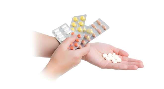 Hands holding blister packs and loose white pills isolated on transparent background