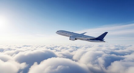 Fototapeta premium A passenger jet soars above a sea of fluffy clouds, under a vibrant blue sky, with the sun shining, suggesting smooth flight