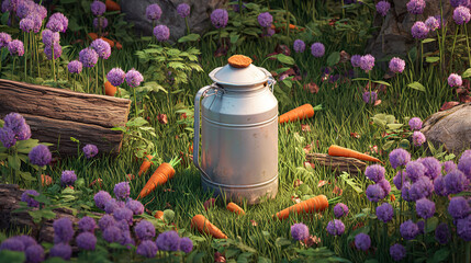 Silver Milk Can and Carrots on Rural Grassland