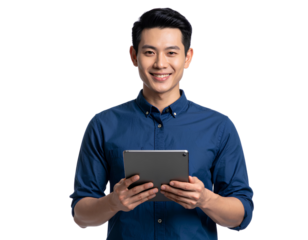 Firefly_Young East Asian man using tablet on transparent background