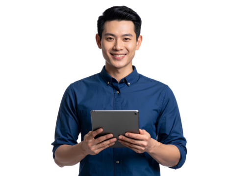 Firefly_Young East Asian man using tablet on transparent background