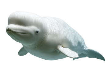 A beautiful white beluga whale swims gracefully underwater against a dark background, showcasing its unique form and gentle nature. background removed