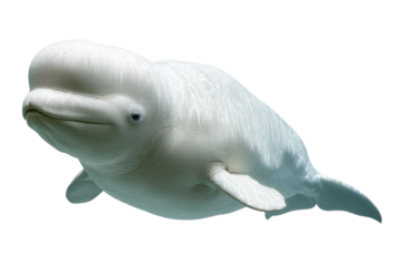 A beautiful white beluga whale swims gracefully underwater against a dark background, showcasing its unique form and gentle nature. background removed