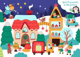 Vector searching game with Christmas village landscape. Spot hidden presents. New Year seek and find printable activity for kids. Winter holiday worksheet with Santa Claus house, toy factory, elves