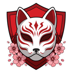 Japanese Kitsune Fox Mask with Cherry Blossoms and Shield Emblem.