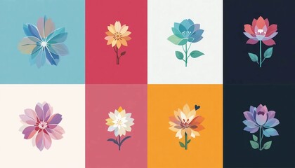 A colorful grid of eight flower illustrations each on a different colored square background art