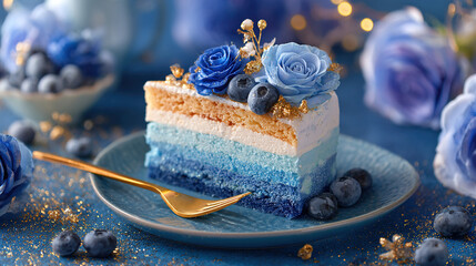 Blue and White Gradient Cake with Flower Decoration