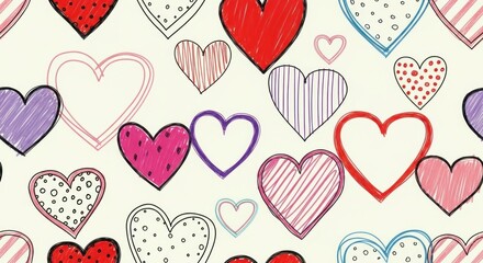 Whimsical repeating heart pattern with sketch-like designs in red, pink, purple, and black lines on an off-white background
