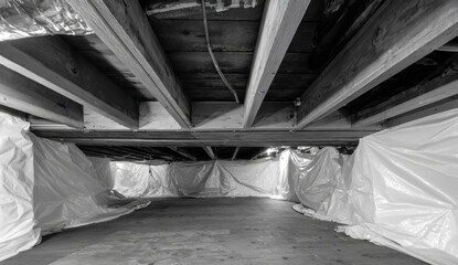 Underground construction site with exposed wooden beams and plastic sheeting walls