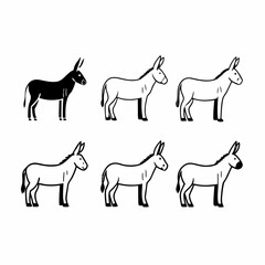 Collection of six donkey illustrations in black and white, showcasing different styles