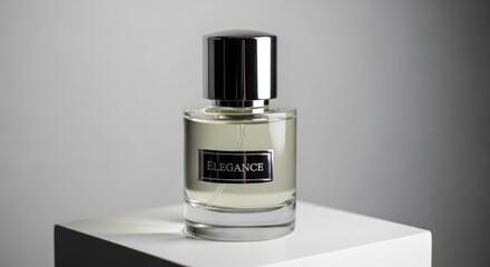 A clear, rectangular perfume bottle with a silver cap and a small, rectangular label sits on a white cube against a gradient background
