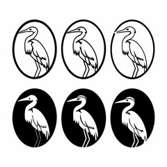 Collection of heron icons in oval frames, for nature or wildlife themed designs