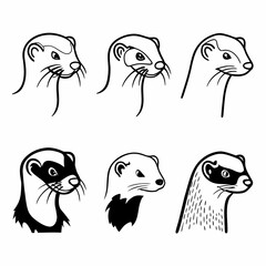 A set of six ferret head illustrations in black and white