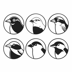 A set of six bird head illustrations in black and white