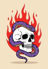 Skull with Serpent Wrapped Around and Fiery Flames.