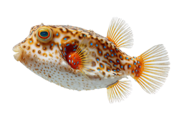 A vibrant boxfish or trunkfish, adorned with intricate brown, white, and orange patterns, speckled with brilliant blue spots, against a stark transparent background. background removed