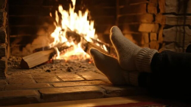 A person's feet, clad in thick, cozy knitted socks, are propped up in front of a warm, crackling fireplace. The vibrant flames dance around burning logs within a rustic stone hearth, casting a comfort