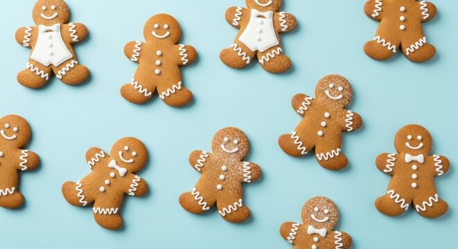 Rows of cheerful gingerbread people with icing details on a pastel blue background