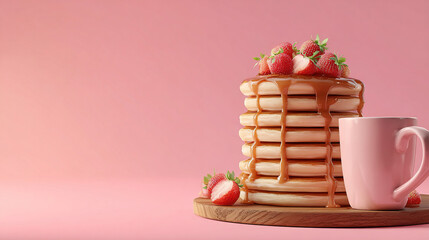 Stack of Pancakes with Strawberries and Syrup