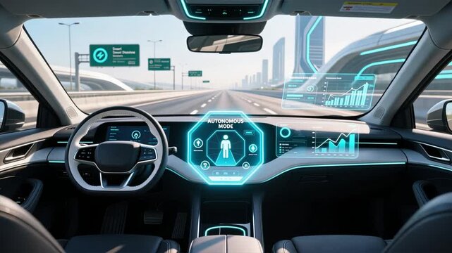 A smart car interior with holographic ar dashboard, charts, and eco driving stats, technology and transportation asset management