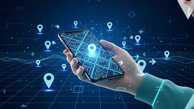 A futuristic smartphone with holographic hand showing glowing map and routes, digital navigation and transportation asset management - Powered by Adobe