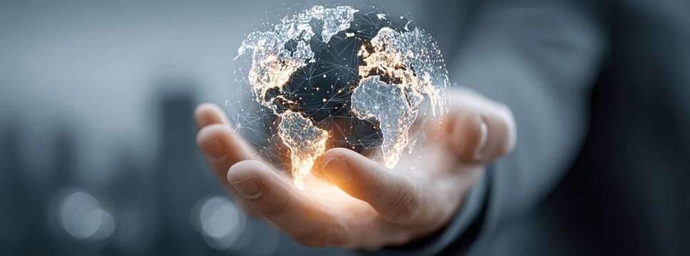 Businessman Holding Abstract Hologram Earth Globe, Symbolizing Global Business and Digital Connections, Close-Up on Dark Gray Background for Web Banner Design