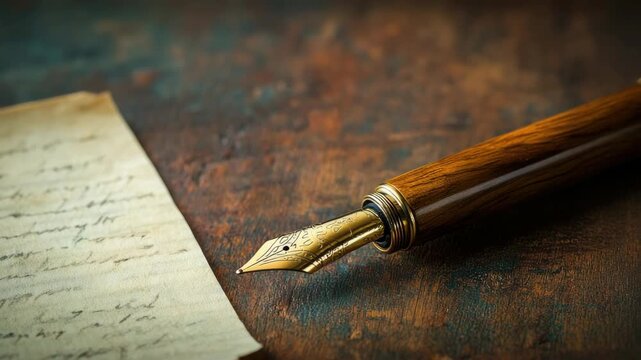 Elegant wooden fountain pen and handwritten old letter on rustic surface