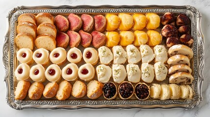 Elegant silver tray showcasing an assortment of gourmet appetizers snacks