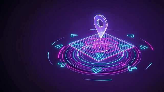 A neon cyberpunk hologram with glowing grid, 3d pin, and scanning beams, digital tracking and transportation asset management